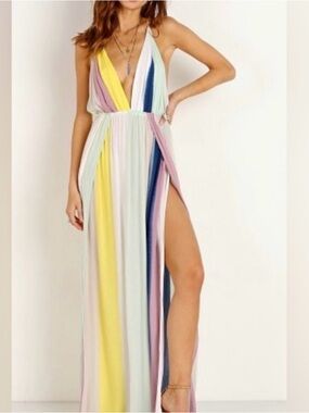Indah Pastel Multi-Striped Maxi Dress with Side Slit